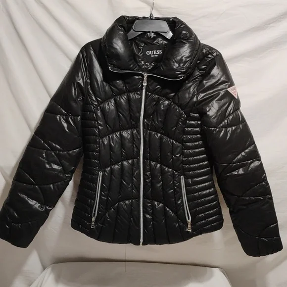 Guess Black Puffer Coat W Silver Detail Sz.M Gently Worn - Picture 1 of 15